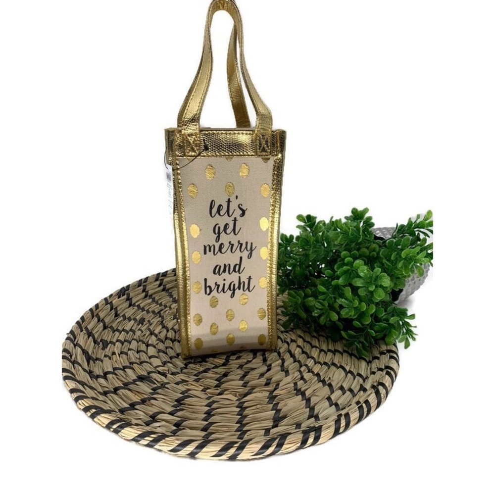"Let's Get Merry and Bright" Holiday Wine Tote Carrier Heavy Canvas Tevana ~ NWT